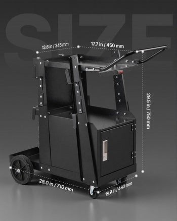 Black metal utility cart with wheels, dimensions 28" x 18.9", features handle and storage compartment for easy mobility.