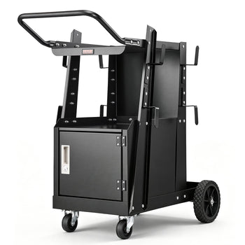 Black metal utility cart with wheels, storage compartment, and ergonomic handle. Perfect for organizing tools and equipment.