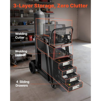 Welding Cart, 2-Tier 4 Drawers Welder Cart with 265 LBS Weight Capacity, 360° Swivel Wheels, Tank Storage Safety Chains, Heavy Duty Rolling MIG Welder Cart for Mig Welder and Plasma Cutter
