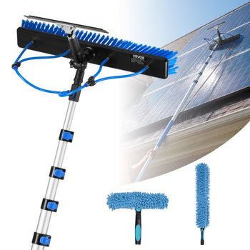 Solar Panel Cleaning Kit, 33 ft, Water Fed Pole Kit with Cleaning Brush, Squeegee, Soap Dispenser, Extendable Aluminum Telescopic Pole, 180° Rotatable Brush Head, for Roof Mounted Solar Panels