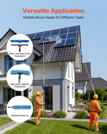 Solar Panel Cleaning Kit, 33 ft, Water Fed Pole Kit with Cleaning Brush, Squeegee, Soap Dispenser, Extendable Aluminum Telescopic Pole, 180° Rotatable Brush Head, for Roof Mounted Solar Panels