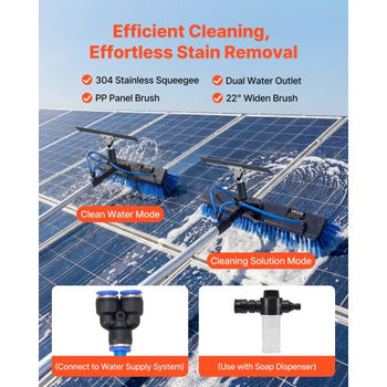 Solar Panel Cleaning Kit, 26 ft, Water Fed Pole Kit with Cleaning Brush, Squeegee, Soap Dispenser, Extendable Aluminum Telescopic Pole, 180° Rotatable Brush Head, for Roof Mounted Solar Panels
