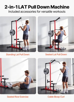 LAT Pull Down Machine, 2-in-1 Row Cable Machine, Cable Machines Home Gym with 3-Level Adjustable Seat, 4-Level Adjustable Foam Roller, Load 500 lbs Lat Tower for Back, Chest, Tricep, Black Red