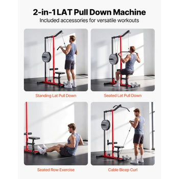 LAT Pull Down Machine, 2-in-1 Row Cable Machine, Cable Machines Home Gym with 3-Level Adjustable Seat, 4-Level Adjustable Foam Roller, Load 500 lbs Lat Tower for Back, Chest, Tricep, Black Red
