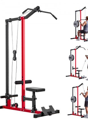 LAT Pull Down Machine, 2-in-1 Row Cable Machine, Cable Machines Home Gym with 3-Level Adjustable Seat, 4-Level Adjustable Foam Roller, Load 500 lbs Lat Tower for Back, Chest, Tricep, Black Red