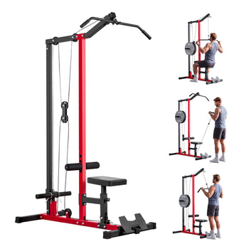 LAT Pull Down Machine, 2-in-1 Row Cable Machine, Cable Machines Home Gym with 3-Level Adjustable Seat, 4-Level Adjustable Foam Roller, Load 500 lbs Lat Tower for Back, Chest, Tricep, Black Red
