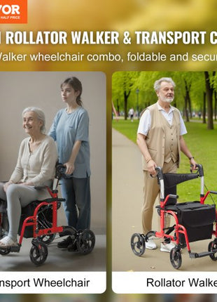 2 in 1 Rollator Walker & Transport Chair for Seniors, Folding Rolling Walker Wheelchair Combo & Footrests, Lightweight Aluminum Mobility Walker with Adjustable Handle, All Terrain Wheels, 300LBS