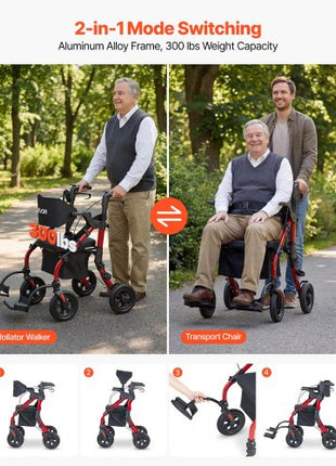 2-in-1 Rollator Walker & Transport Chair for Seniors, Foldable Rolling Walker Wheelchair, Lightweight Aluminum Mobility Walking Aid with Solid PU Wheels, Cup & Cane Holder - Supports 300LBS