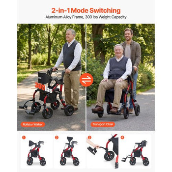 2-in-1 Rollator Walker & Transport Chair for Seniors, Foldable Rolling Walker Wheelchair, Lightweight Aluminum Mobility Walking Aid with Solid PU Wheels, Cup & Cane Holder - Supports 300LBS