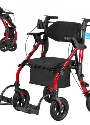 2-in-1 Rollator Walker & Transport Chair for Seniors, Foldable Rolling Walker Wheelchair, Lightweight Aluminum Mobility Walking Aid with Solid PU Wheels, Cup & Cane Holder - Supports 300LBS