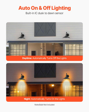 Outdoor Barn Light, 11.5 in Diameter, 2-Pack Farmhouse Gooseneck Light Fixture, Dusk to Dawn Exterior Wall Sconce, with Anti-Rust, E26 Bulb Compatible for Porch, House, Entryway, Garage, Black