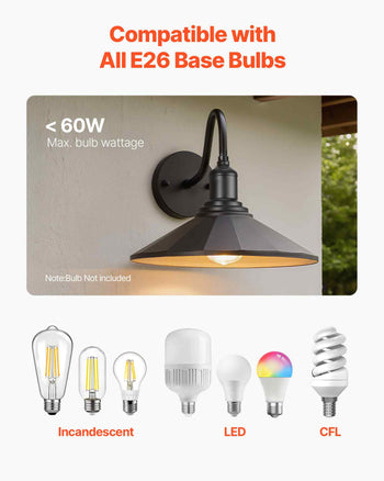 Outdoor Barn Light, 11.5 in Diameter, 2-Pack Farmhouse Gooseneck Light Fixture, Exterior Wall Sconce, with Vintage Style, Anti-Rust, E26 Bulb Compatible for Porch, House, Entryway, Garage, Black