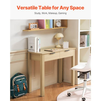 Small Desk with Drawers, Kids Desk for Bedroom, Modern Simple Study Table for Drawing, Reading, Writing, Rectangle MDF Furniture Study Storage Table for Home, Office, Light Wood