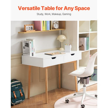 Small Desk with Drawers, Kids Desk for Bedroom, Wooden Simple Study Table for Drawing, Reading, Writing, Rectangle MDF Furniture Study Storage Table for Home, Office, White + Wood