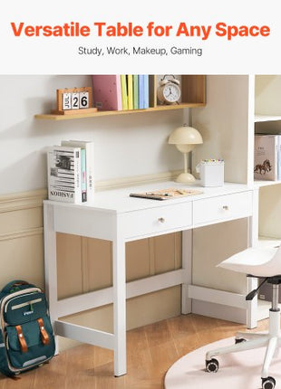 Small Desk with Drawers, Kids Desk for Bedroom, Modern Simple Study Table for Drawing, Reading, Writing, Rectangle MDF Furniture Study Storage Table for Home, Office, White