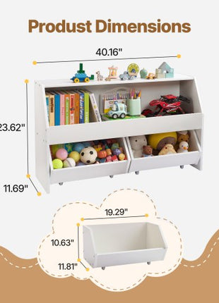 Toy Storage Organizer, Wooden Kids Bookshelf with Storage, Toy Storage Cabinet with 2 Mobile Drawers, Kids Storage Organizer for Bedroom, Nursery, Living Room, Entryway, Preschool, White