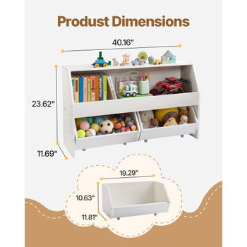 Toy Storage Organizer, Wooden Kids Bookshelf with Storage, Toy Storage Cabinet with 2 Mobile Drawers, Kids Storage Organizer for Bedroom, Nursery, Living Room, Entryway, Preschool, White