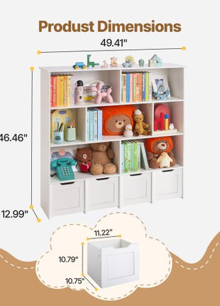 Toy Storage Organizer, Wooden Kids Bookshelf with Storage, Toy Storage Cabinet with 4 Mobile Drawers, Kids Storage Organizer for Bedroom, Nursery, Living Room, Entryway, Preschool, White
