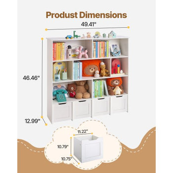 Toy Storage Organizer, Wooden Kids Bookshelf with Storage, Toy Storage Cabinet with 4 Mobile Drawers, Kids Storage Organizer for Bedroom, Nursery, Living Room, Entryway, Preschool, White