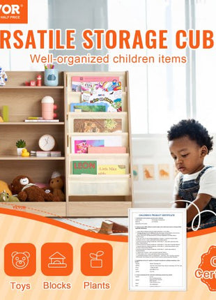 4-Tier Kids Wooden Bookshelf, Six-Layer Sling Bookcase, Baby Storage Book Rack, Book Toy Organizer Cabinet, for Kids Room, Playroom, Kindergarten, Nursery