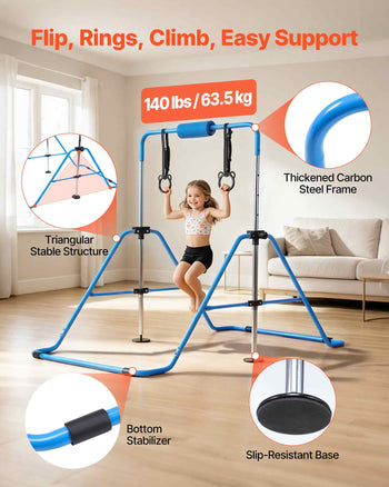 Gymnastic Bars for Kids, 140 lbs Capacity Folding Training Kip Bar, Adjustable Height Gymnastic Horizontal Bar for Home, Training Equipment for Indoor and Outdoor, Easy to Assemble, Blue