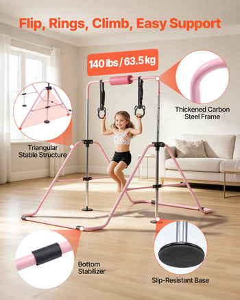 Gymnastic Bars for Kids, 140 lbs Capacity Folding Training Kip Bar, Adjustable Height Gymnastic Horizontal Bar for Home, Training Equipment for Indoor and Outdoor, Easy to Assemble, Pink