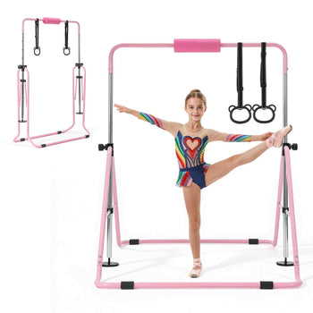 Gymnastic Bars for Kids, 140 lbs Capacity Folding Training Kip Bar, Adjustable Height Gymnastic Horizontal Bar for Home, Training Equipment for Indoor and Outdoor, Easy to Assemble, Pink