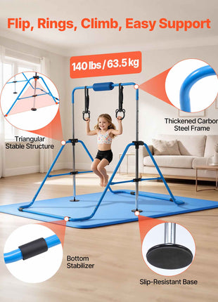 Gymnastic Bars for Kids, 140 lbs Capacity Folding Training Kip Bar with Mat, Adjustable Height Gymnastic Horizontal Bar for Home, Training Equipment for Indoor Outdoor, Easy to Assemble, Blue