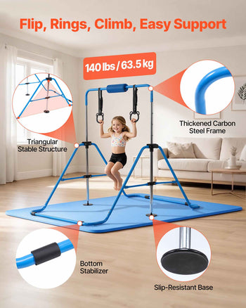 Gymnastic Bars for Kids, 140 lbs Capacity Folding Training Kip Bar with Mat, Adjustable Height Gymnastic Horizontal Bar for Home, Training Equipment for Indoor Outdoor, Easy to Assemble, Blue
