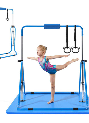 Gymnastic Bars for Kids, 140 lbs Capacity Folding Training Kip Bar with Mat, Adjustable Height Gymnastic Horizontal Bar for Home, Training Equipment for Indoor Outdoor, Easy to Assemble, Blue