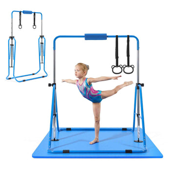 Gymnastic Bars for Kids, 140 lbs Capacity Folding Training Kip Bar with Mat, Adjustable Height Gymnastic Horizontal Bar for Home, Training Equipment for Indoor Outdoor, Easy to Assemble, Blue