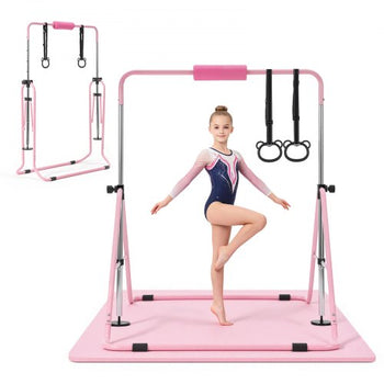 Gymnastic Bars for Kids, 140 lbs Capacity Folding Training Kip Bar with Mat, Adjustable Height Gymnastic Horizontal Bar for Home, Training Equipment for Indoor Outdoor, Easy to Assemble, Pink