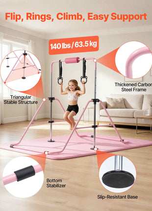 Gymnastic Bars for Kids, 140 lbs Capacity Folding Training Kip Bar with Mat, Adjustable Height Gymnastic Horizontal Bar for Home, Training Equipment for Indoor Outdoor, Easy to Assemble, Pink