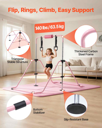 Gymnastic Bars for Kids, 140 lbs Capacity Folding Training Kip Bar with Mat, Adjustable Height Gymnastic Horizontal Bar for Home, Training Equipment for Indoor Outdoor, Easy to Assemble, Pink