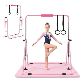 Gymnastic Bars for Kids, 140 lbs Capacity Folding Training Kip Bar with Mat, Adjustable Height Gymnastic Horizontal Bar for Home, Training Equipment for Indoor Outdoor, Easy to Assemble, Pink