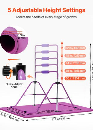 Gymnastic Bars for Kids, 140 lbs Capacity Folding Training Kip Bar with Mat, Adjustable Height Gymnastic Horizontal Bar for Home, Training Equipment for Indoor Outdoor, Easy to Assemble, Purple
