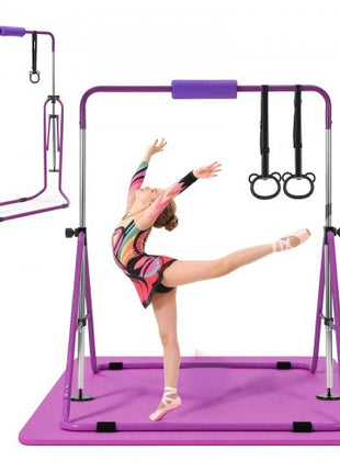 Gymnastic Bars for Kids, 140 lbs Capacity Folding Training Kip Bar with Mat, Adjustable Height Gymnastic Horizontal Bar for Home, Training Equipment for Indoor Outdoor, Easy to Assemble, Purple