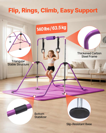Gymnastic Bars for Kids, 140 lbs Capacity Folding Training Kip Bar with Mat, Adjustable Height Gymnastic Horizontal Bar for Home, Training Equipment for Indoor Outdoor, Easy to Assemble, Purple
