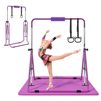 Gymnastic Bars for Kids, 140 lbs Capacity Folding Training Kip Bar with Mat, Adjustable Height Gymnastic Horizontal Bar for Home, Training Equipment for Indoor Outdoor, Easy to Assemble, Purple