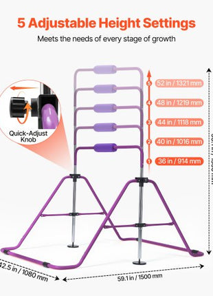 Gymnastic Bars for Kids, 140 lbs Capacity Folding Training Kip Bar, Adjustable Height Gymnastic Horizontal Bar for Home, Training Equipment for Indoor and Outdoor, Easy to Assemble, Purple