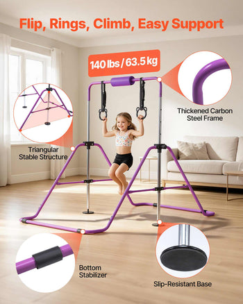 Gymnastic Bars for Kids, 140 lbs Capacity Folding Training Kip Bar, Adjustable Height Gymnastic Horizontal Bar for Home, Training Equipment for Indoor and Outdoor, Easy to Assemble, Purple