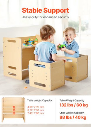 Montessori Weaning Table and Chair Set, Wooden Toddler Table and Chair Set with 2 Chairs, Adjustable Height Montessori Chair and Activity Table, Ideal for Reading, Eating, Playing - Natural