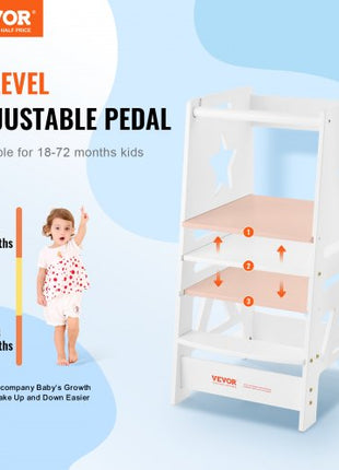 Tower Step Stool, 3-Level Height Adjustable Toddler Step Stools for Kids, Kitchen Stool Helper, Bamboo Standing Tower Learning Stool with Safety Rail for Kitchen Counter Bathroom, 350LBS, White