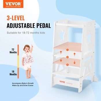Tower Step Stool, 3-Level Height Adjustable Toddler Step Stools for Kids, Kitchen Stool Helper, Bamboo Standing Tower Learning Stool with Safety Rail for Kitchen Counter Bathroom, 350LBS, White
