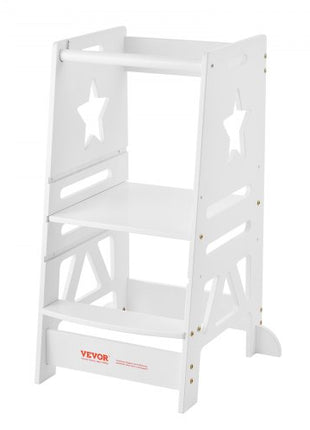 Tower Step Stool, 3-Level Height Adjustable Toddler Step Stools for Kids, Kitchen Stool Helper, Bamboo Standing Tower Learning Stool with Safety Rail for Kitchen Counter Bathroom, 350LBS, White