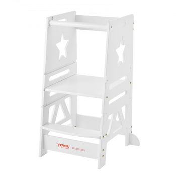 Tower Step Stool, 3-Level Height Adjustable Toddler Step Stools for Kids, Kitchen Stool Helper, Bamboo Standing Tower Learning Stool with Safety Rail for Kitchen Counter Bathroom, 350LBS, White
