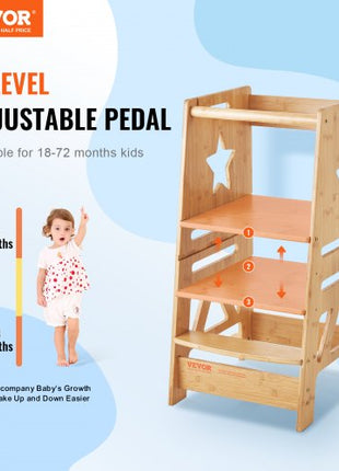Tower Step Stool, 3-Level Height Adjustable Toddler Step Stools for Kids, Bamboo Kids Standing Tower Learning Stool with Safety Rail for Kitchen Counter Bathroom, 350LBS