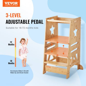 Tower Step Stool, 3-Level Height Adjustable Toddler Step Stools for Kids, Bamboo Kids Standing Tower Learning Stool with Safety Rail for Kitchen Counter Bathroom, 350LBS