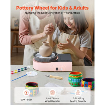 Mini Pottery Wheel, 6 inch Turntable, Forward and Reverse Rotation, Adjustable Speed, Electric Clay Wheel for Kids and Adults, with Clay Shaping Tools, for Home DIY, Pottery Classes, Pink
