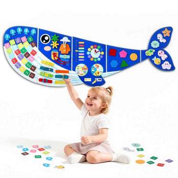 Felt Wall Busy Board 12-in-1 Whale Foldable Montessori Activity Toys, Travel Daycare, Classroom, Playroom, Home, Educational Sensory Panel, with Numbers Letters Animals Shapes Learning Pieces